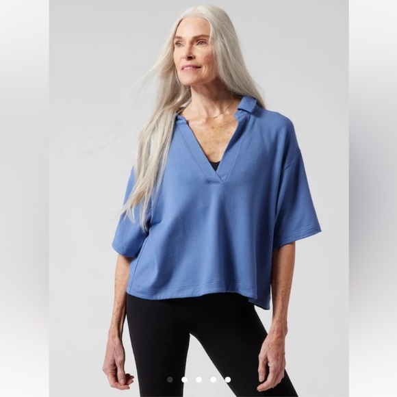 Athleta Oversized Westwood Blue draped Sweatshirt Collar Cropped Tee, size XS - Picture 10 of 10